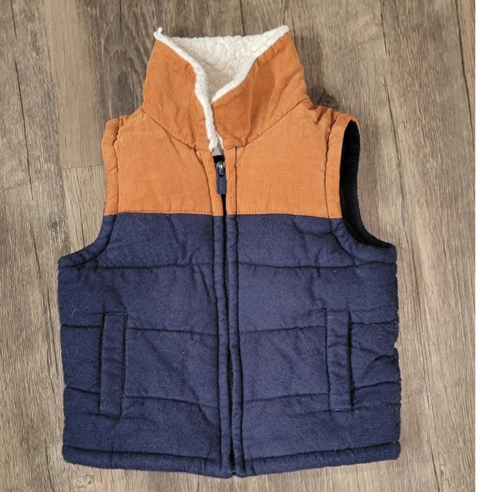 Old Navy Kids Navy Blue Orange Corduroy Puffer Vest Sherpa Collar 12-18 Months